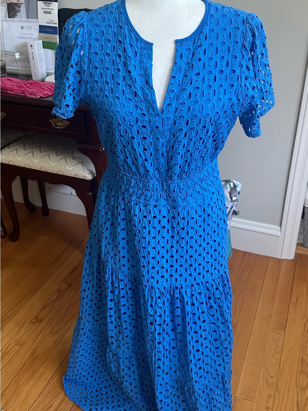 Women's Blue Eyelet Maxi Dress with Notch Neck size medium